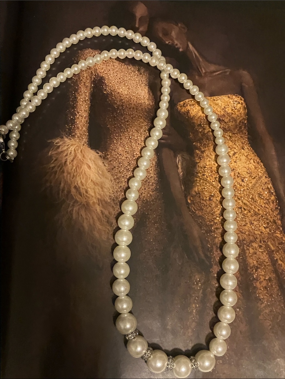 Classic White Faux Pearl Strand Necklace with Rhinestone Accents
